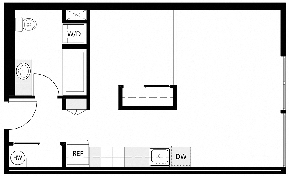 Floor plan for 1 bed, 1 bath, 532 sqft
